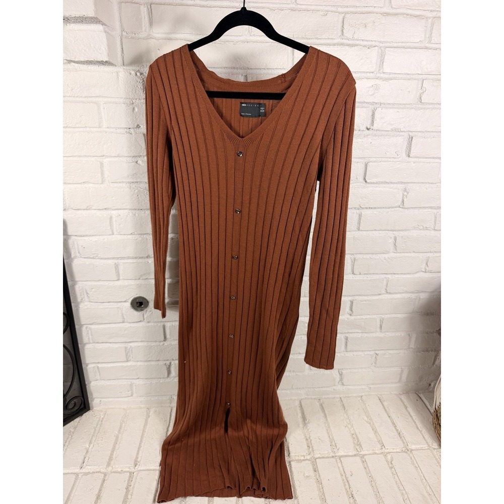 ASOS Design Womens 6 Rust Brown Ribbed Knit Midi Dress Button Front Y2K